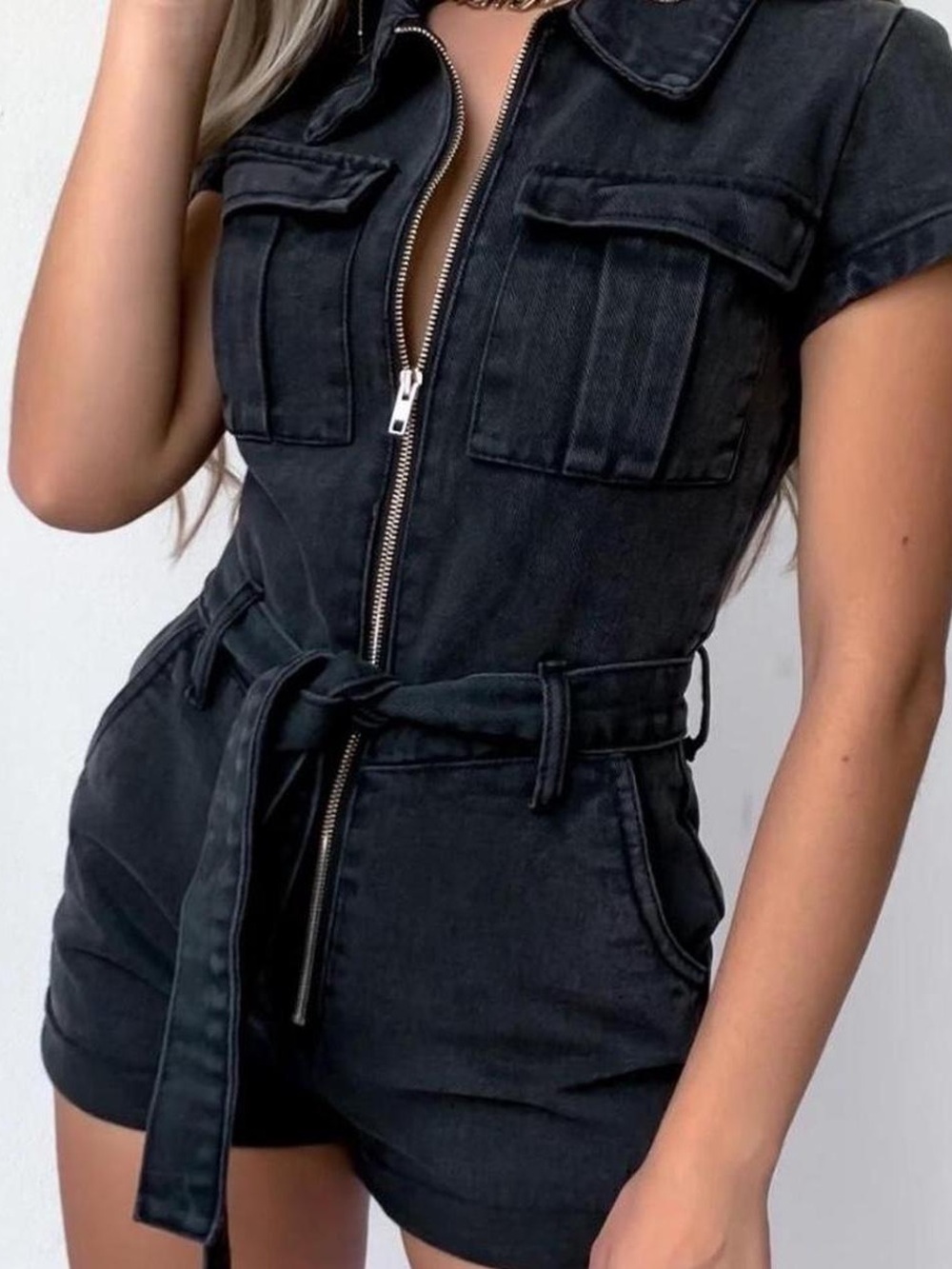 White Fox Boutique Charcoal Short Denim Romper